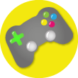 An icon of a video game controller on a yellow circle