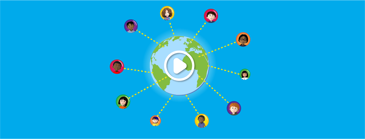Globe surrounded by character avatars in brightly coloured circles