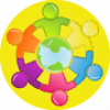 small icon yellow Little Bridge icon of six children around a globe on a yellow circle with a transparent background